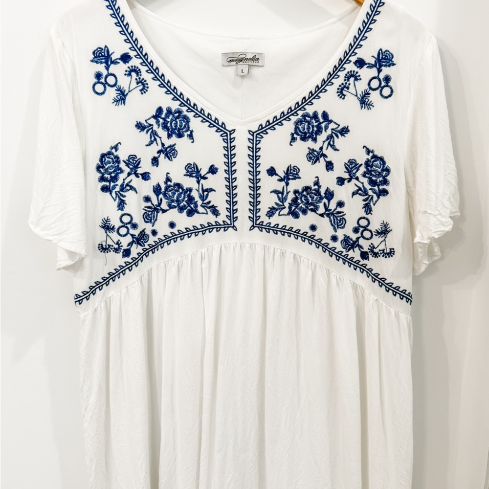 Seaside Blue Embroidered White Mini Dress